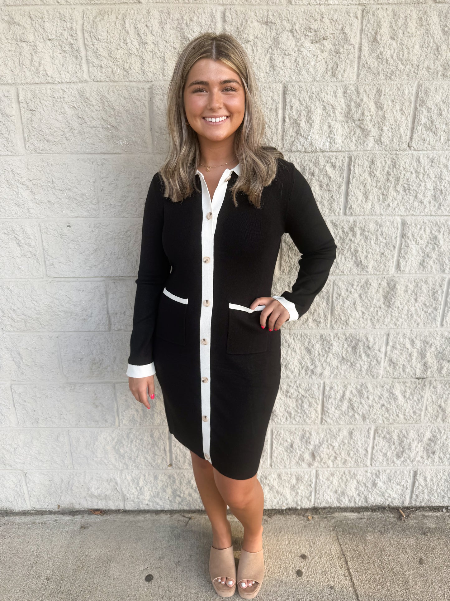 Black & Cream Button Down Knit Dress