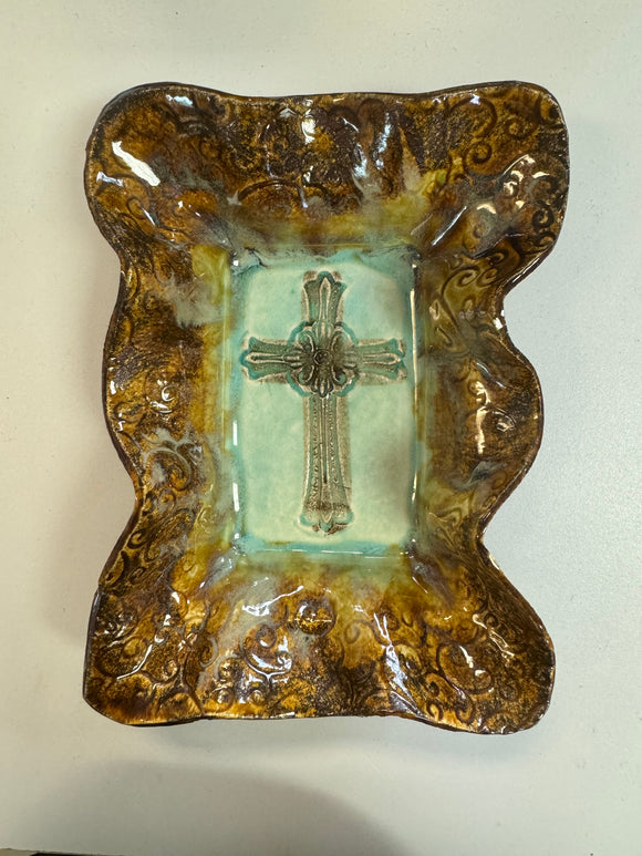 Brown and turquoise cross bowl