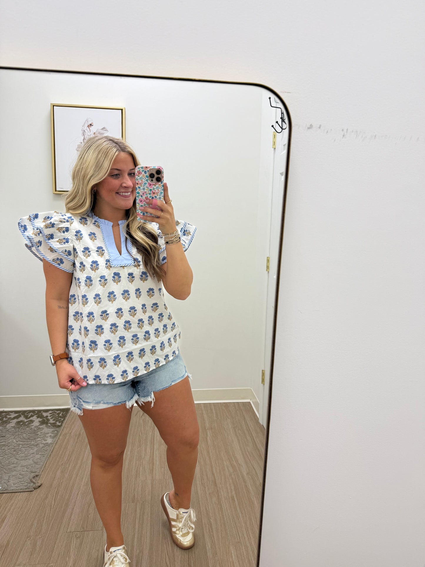 Blue Floral Mix Ruffle Sleeve Blouse