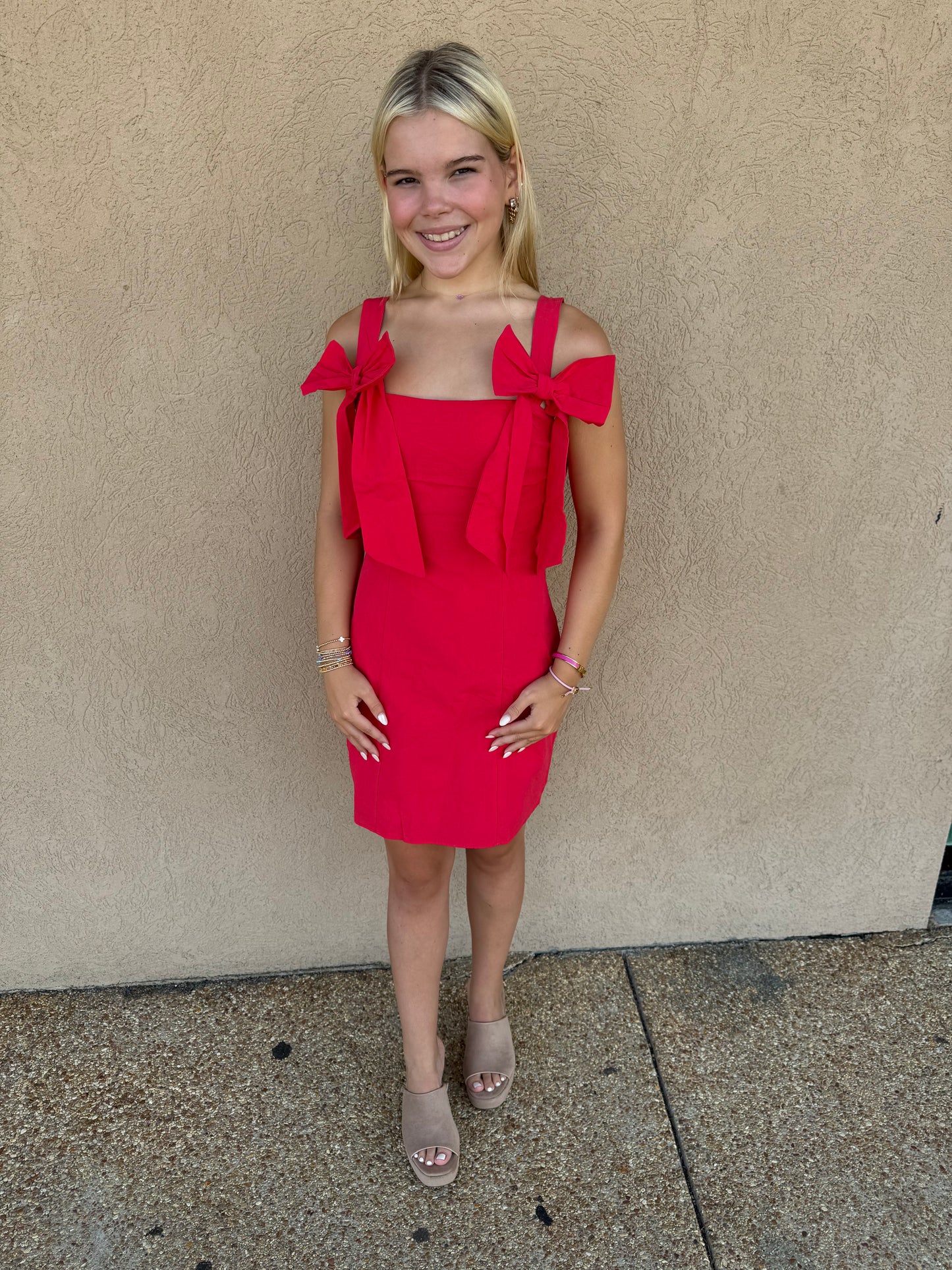 Off Shoulder Bow Detail Dress: Red