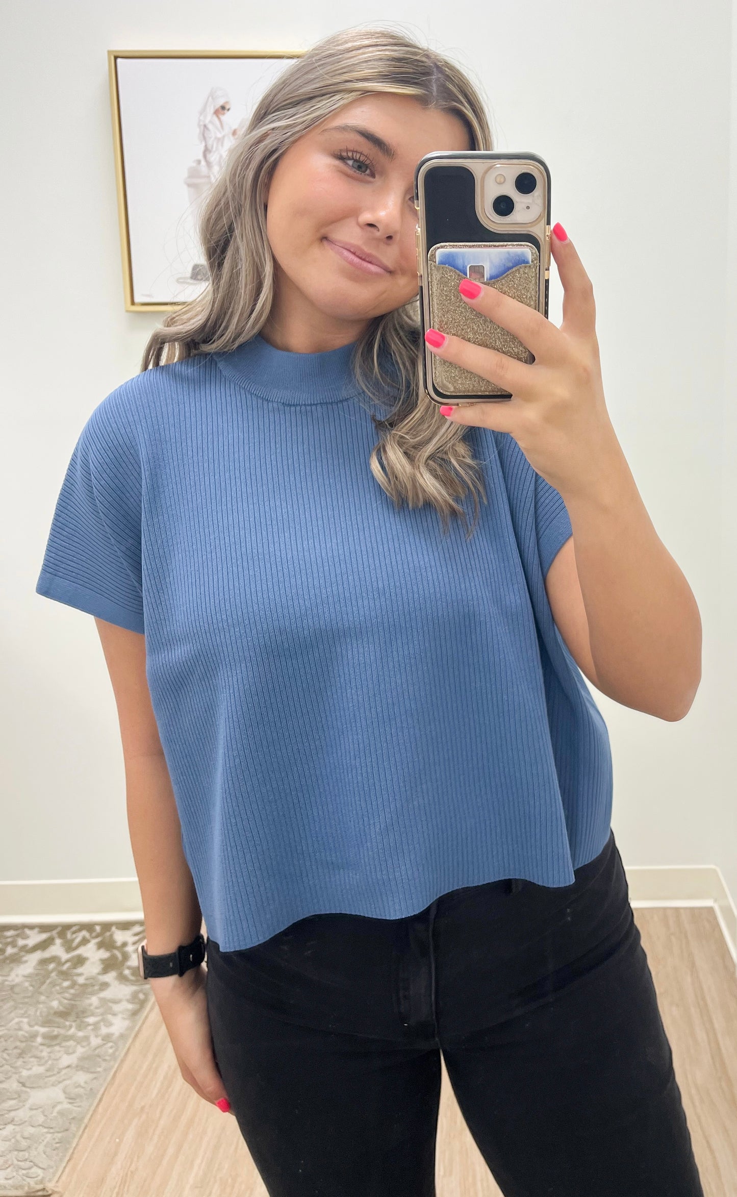 Mock Neck Sweater- Dusty Blue