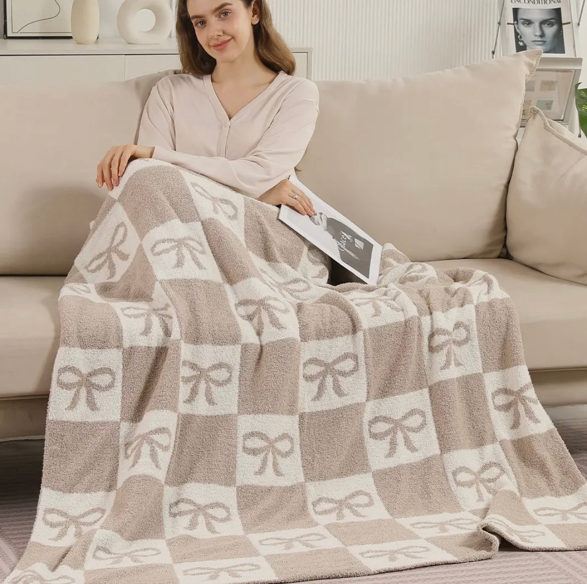 Beige Ribbon & Checkered Throw Blanket 50x50 Comfylux