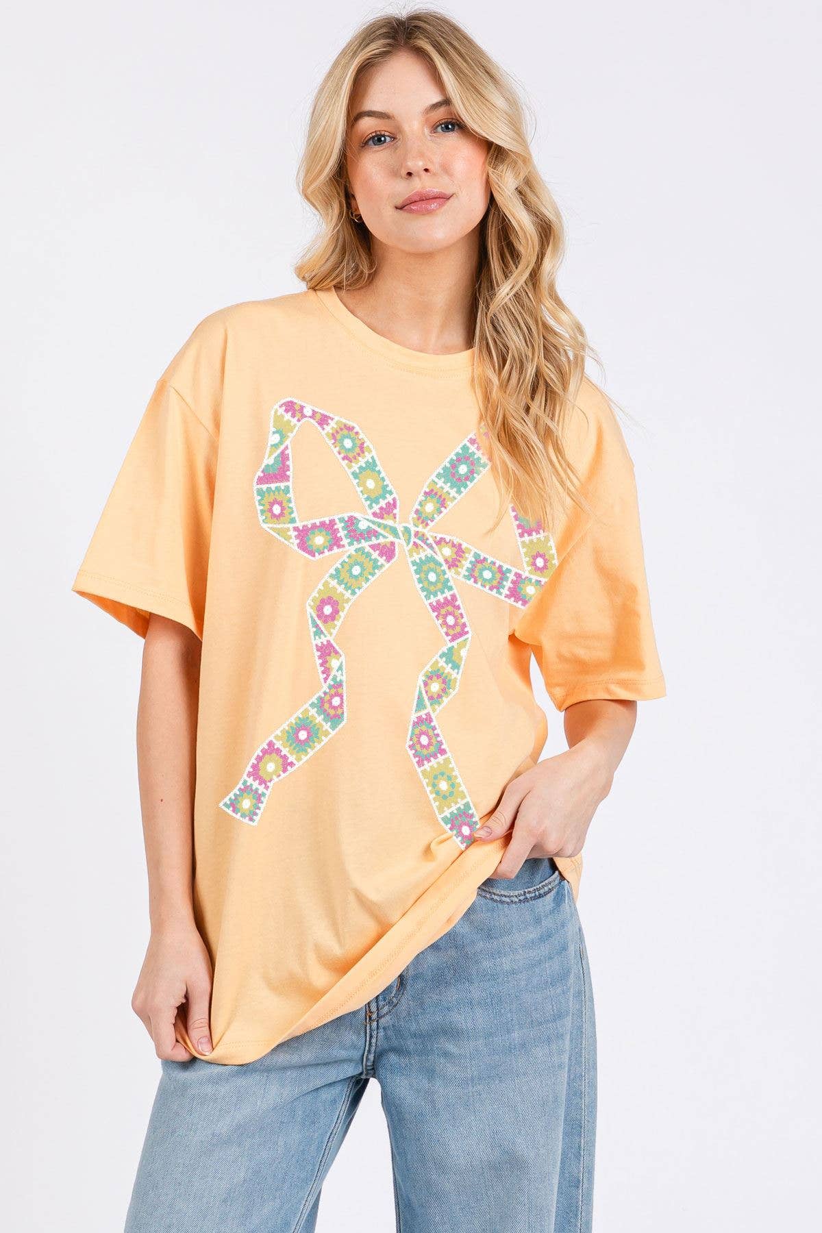 Patchwork Square Bow Graphic Oversized Cotton Box Tee