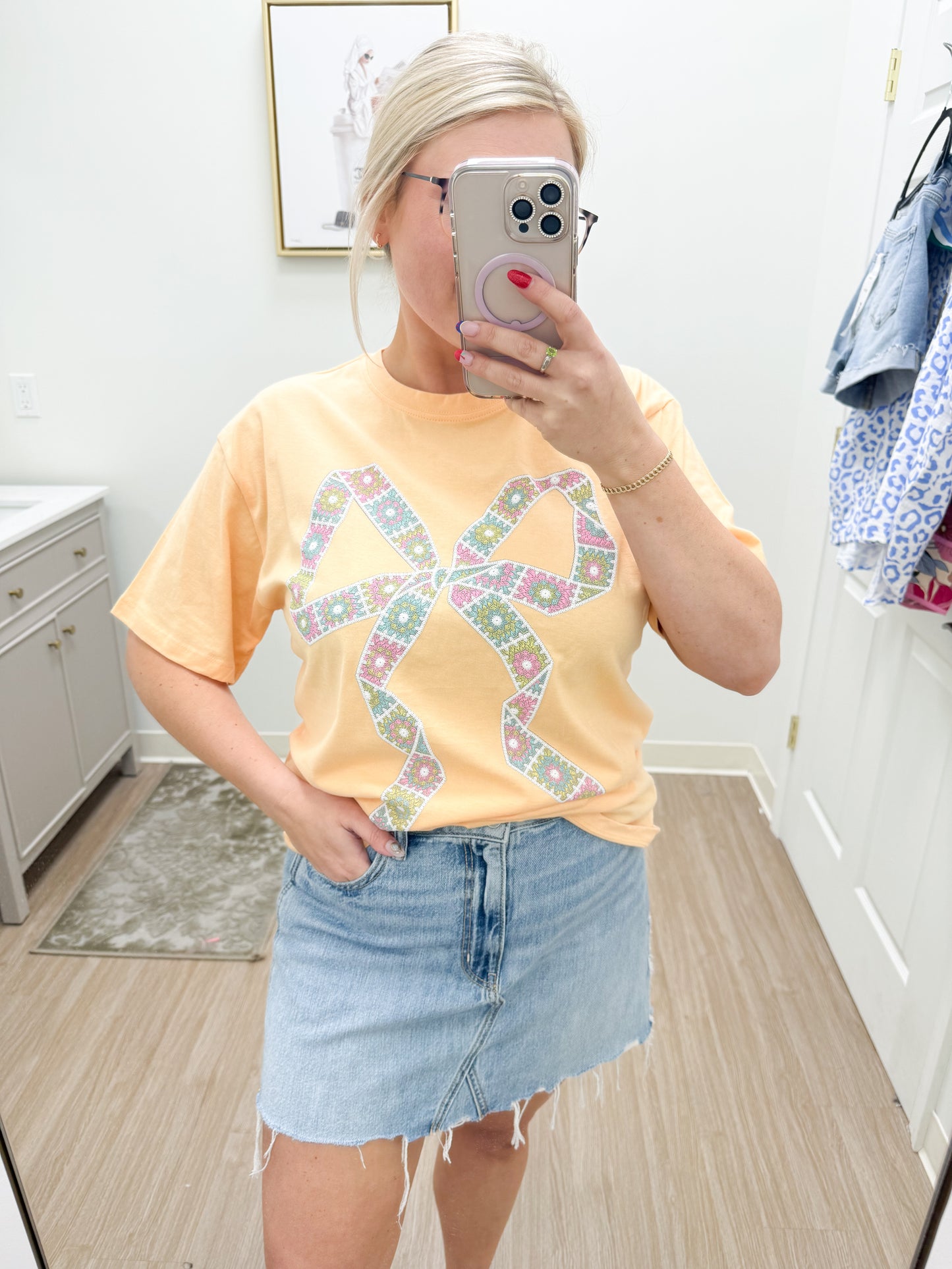 Patchwork Square Bow Graphic Oversized Cotton Box Tee