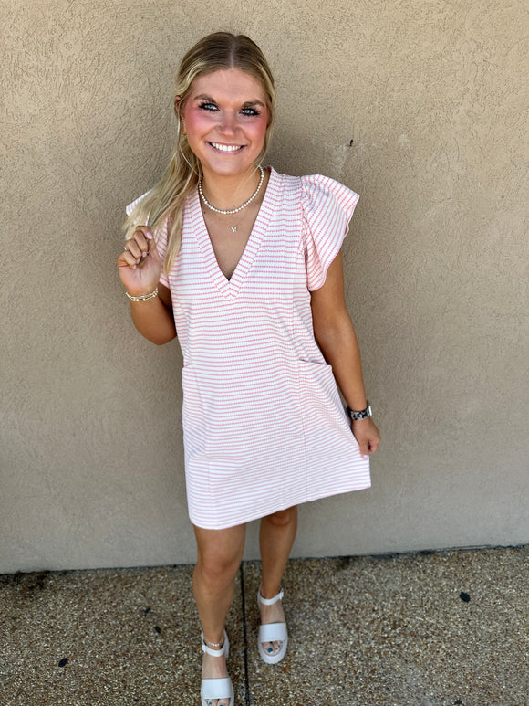 Flutter sleeve pink and white stripe dress