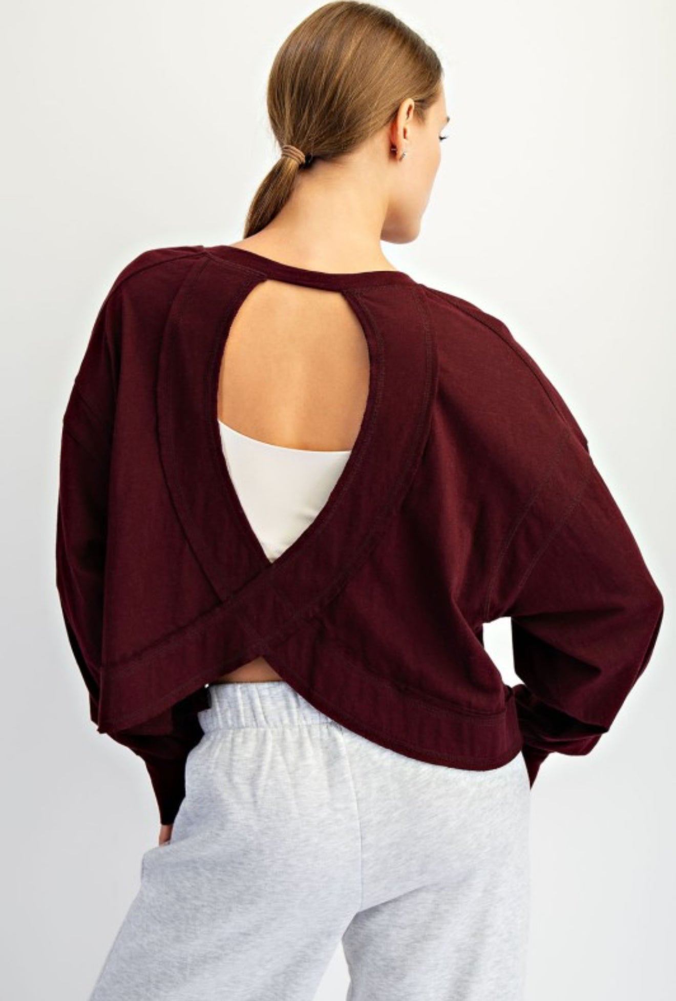 Open Back Long Sleeve Top- Maroon