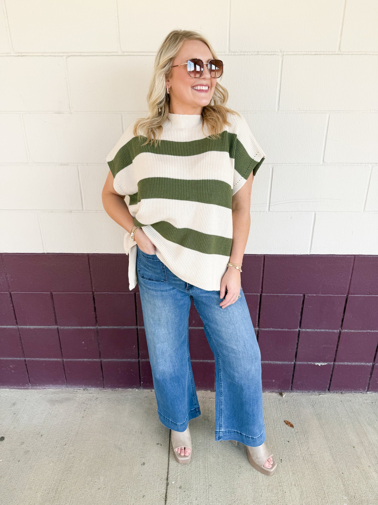 Olive Green & Ivory Striped Sweater-Jodifl