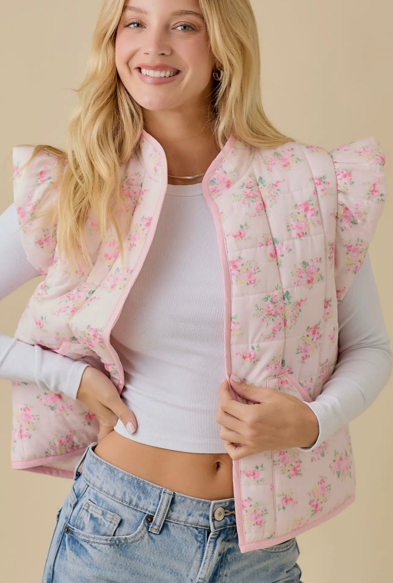 Floral Printed Ruffle Sleeve Vest Main Strip