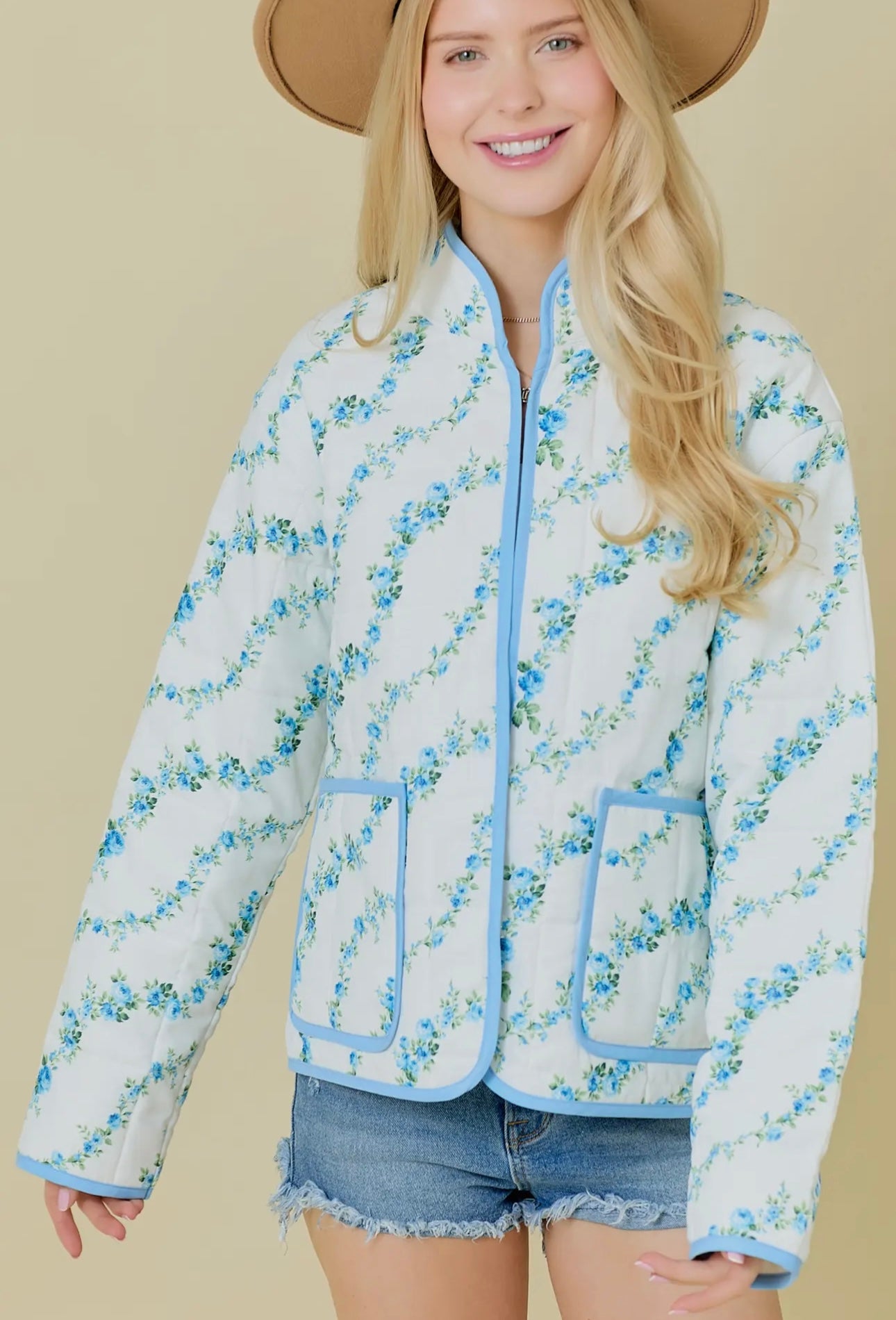 Blue Floral Quilted Jacket Main Strip