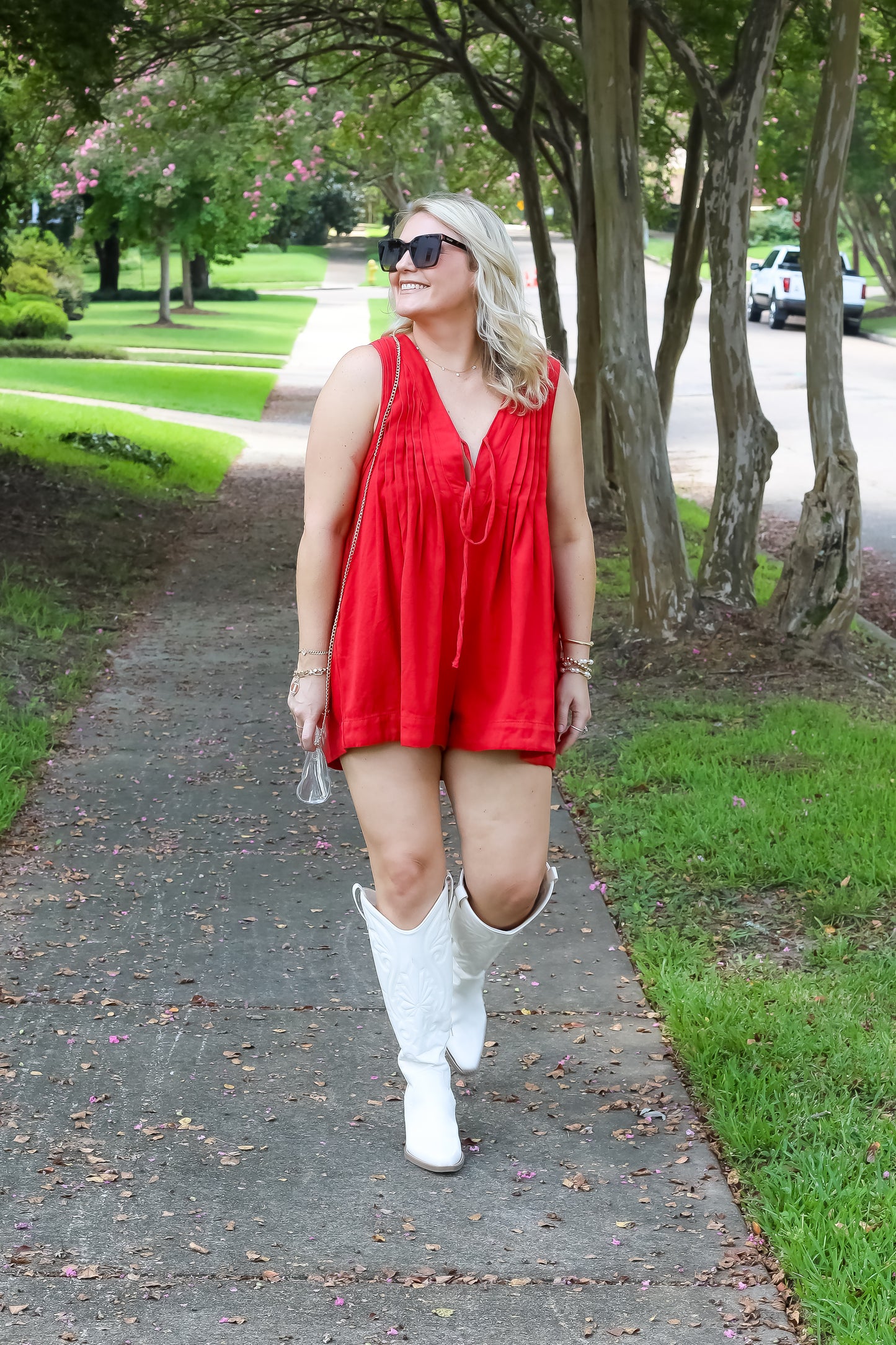 Washed red pleated tie romper