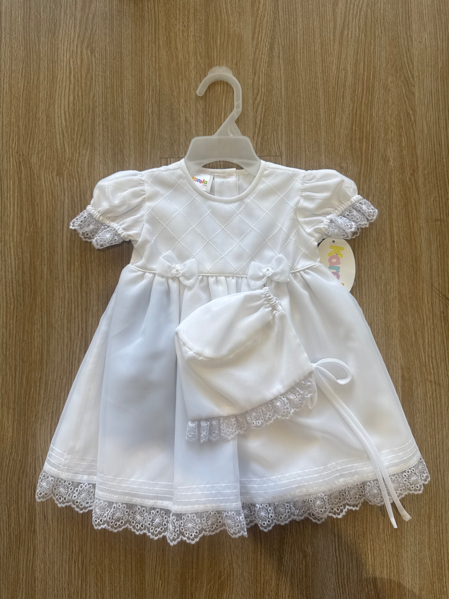 White bow heirloom dress with bonnet