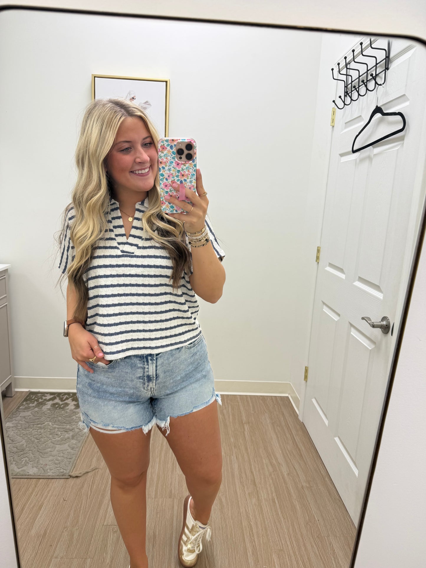 Blue Striped Split Neck Collared Top