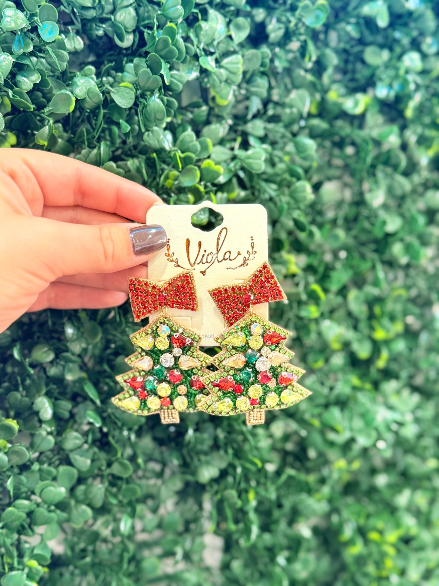 Jeweled Red Bow Christmas Tree Earrings