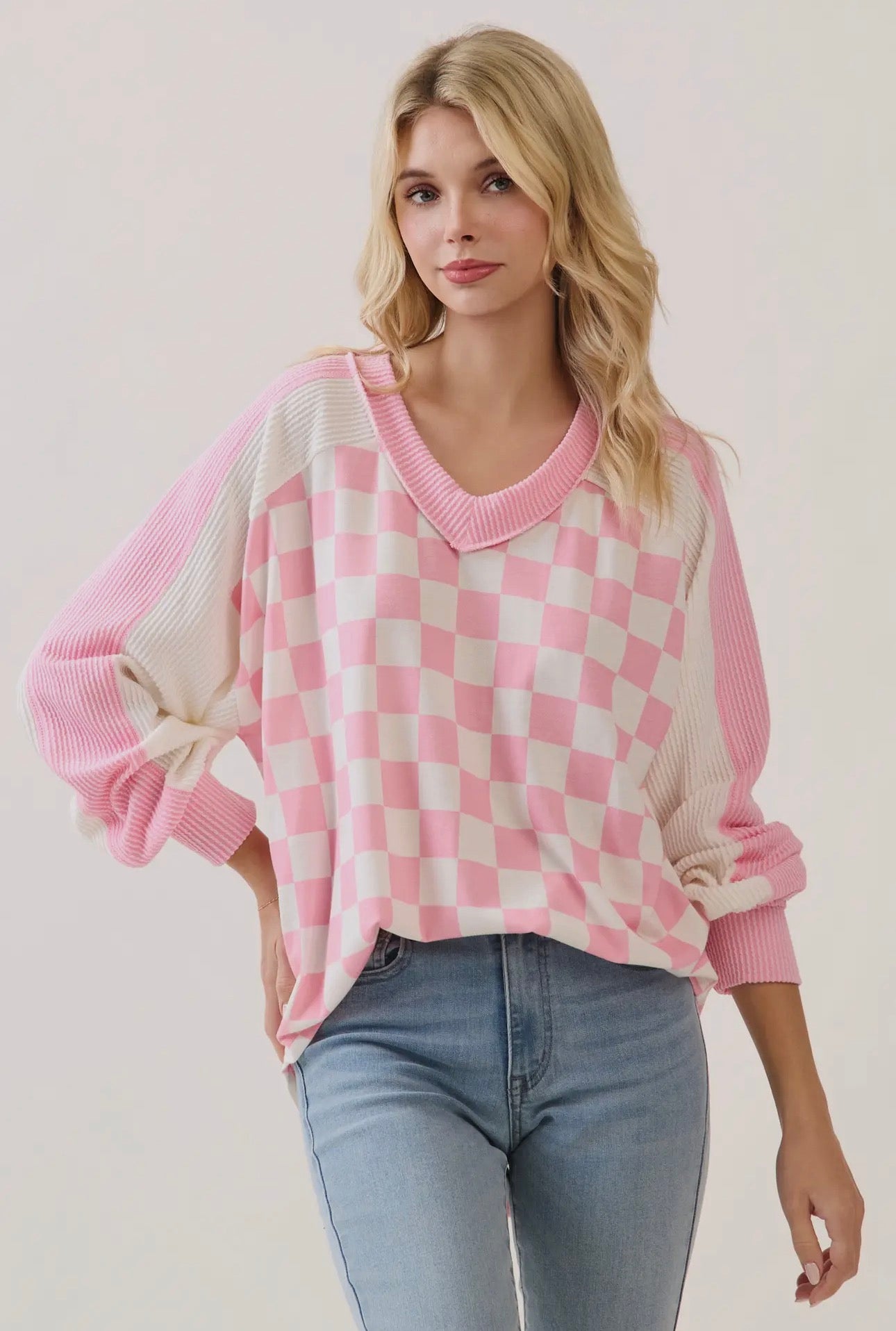 Pink Checkered V-Neck Pullover Top