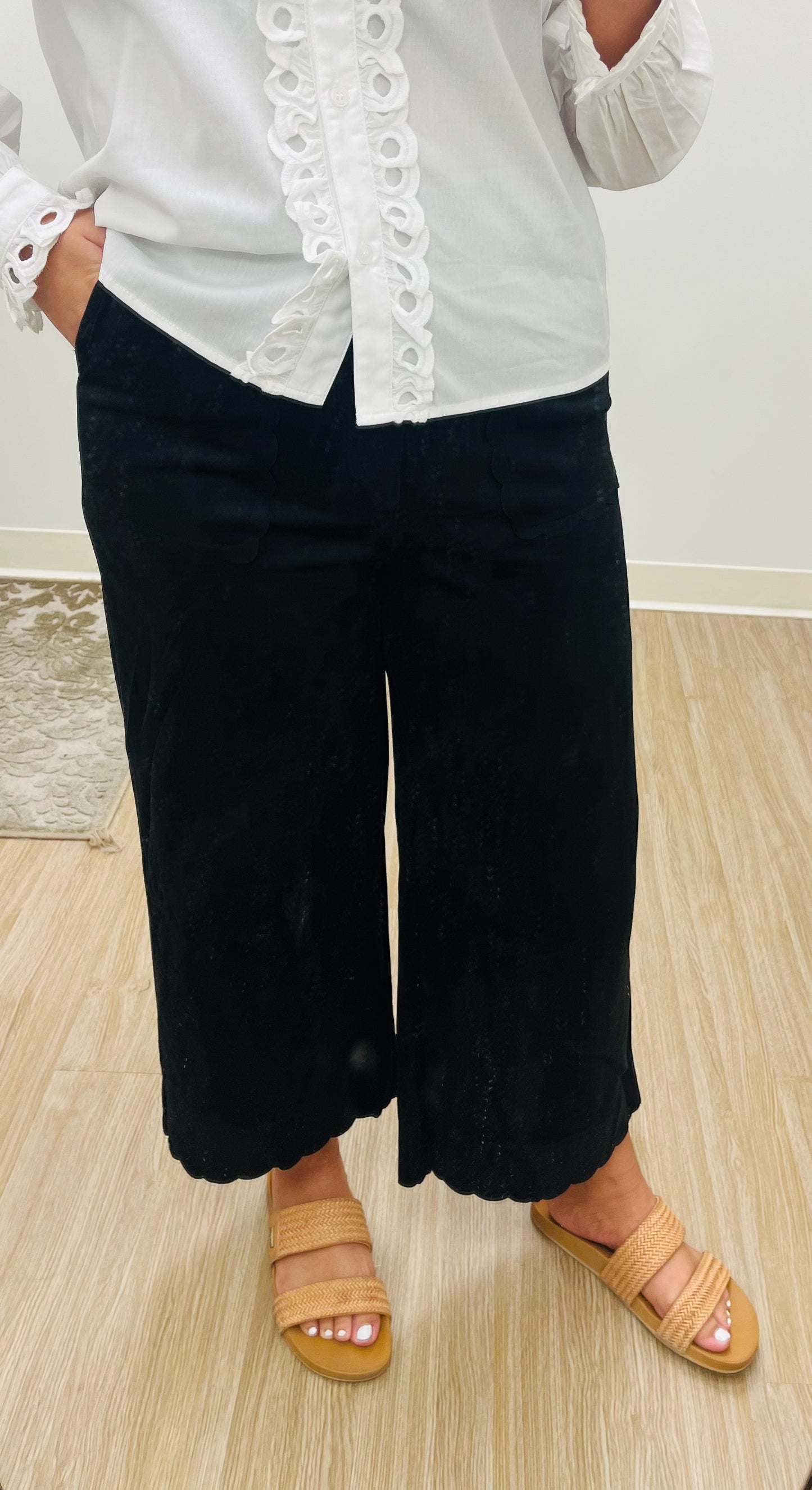Black Scalloped Wide Leg Slacks