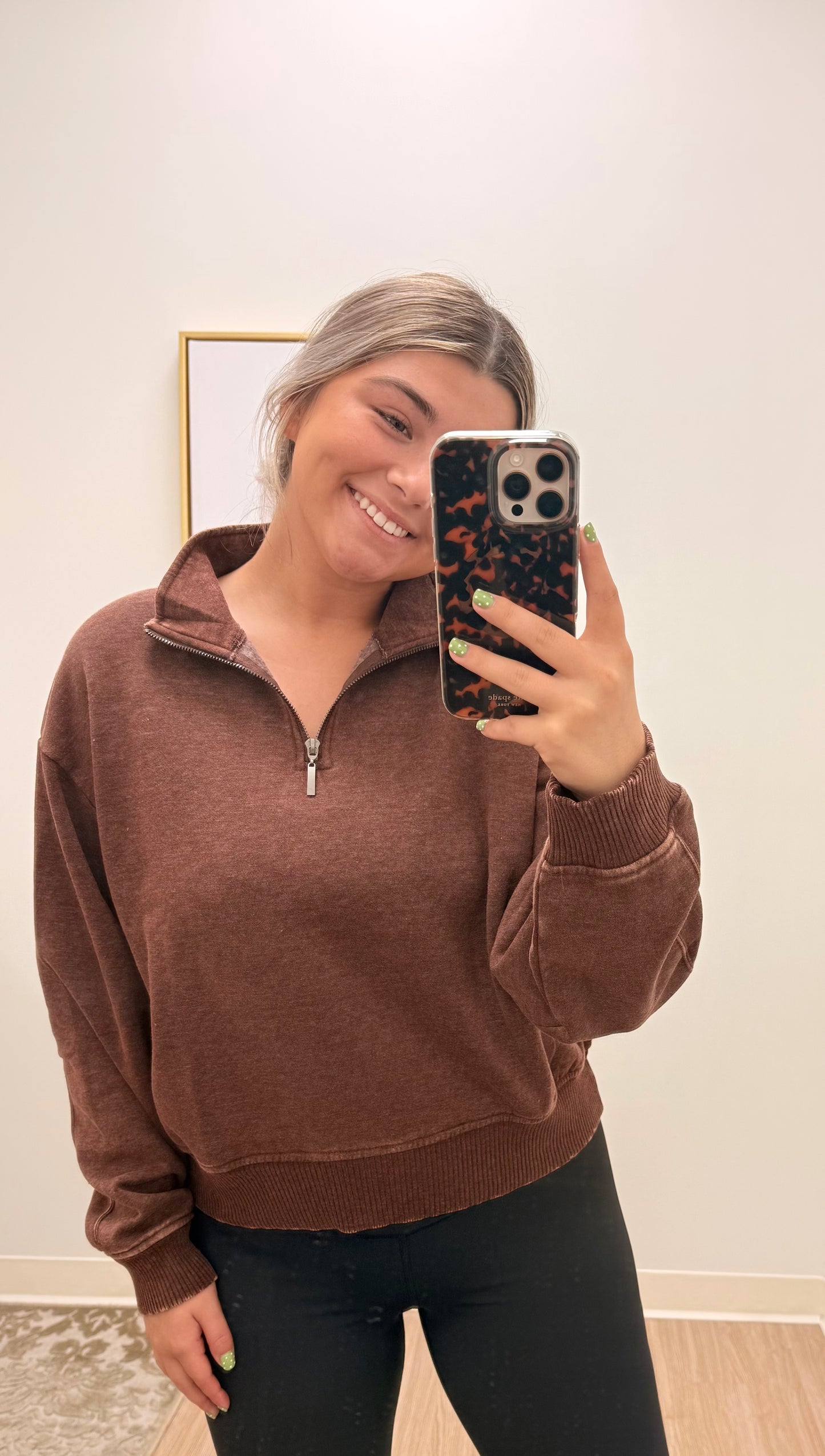 Brown Acid Wash Cropped Quarter Zip