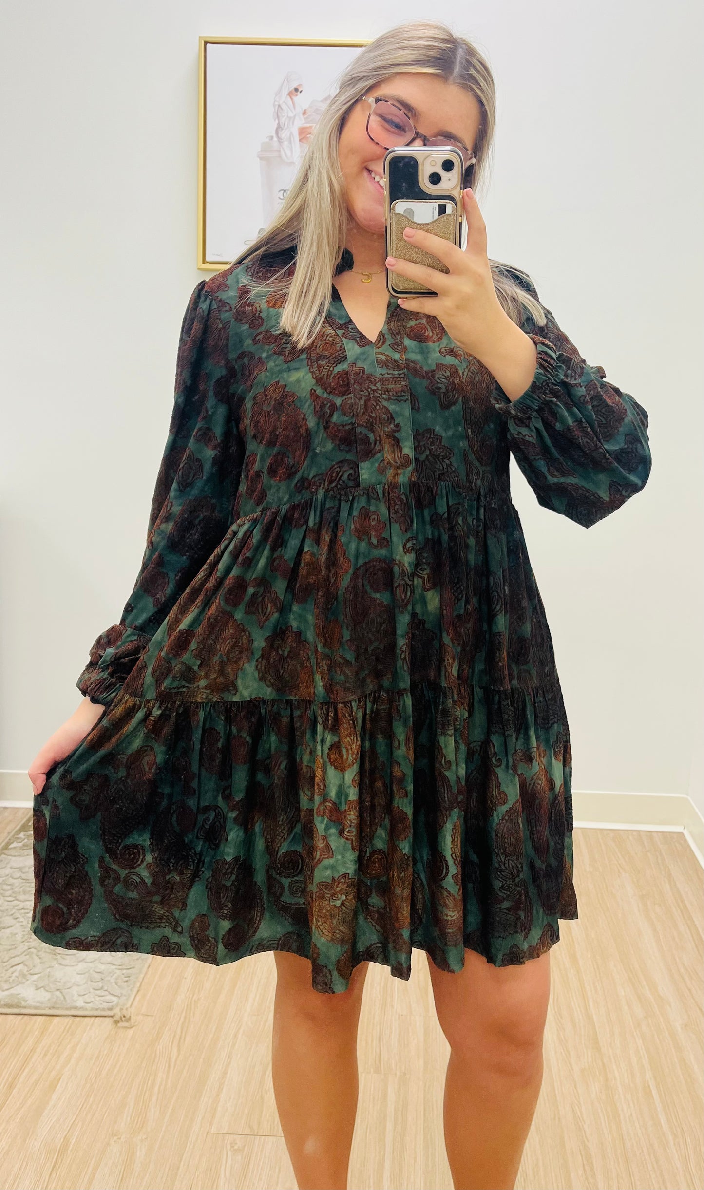 Olive Paisley Velvet Dress