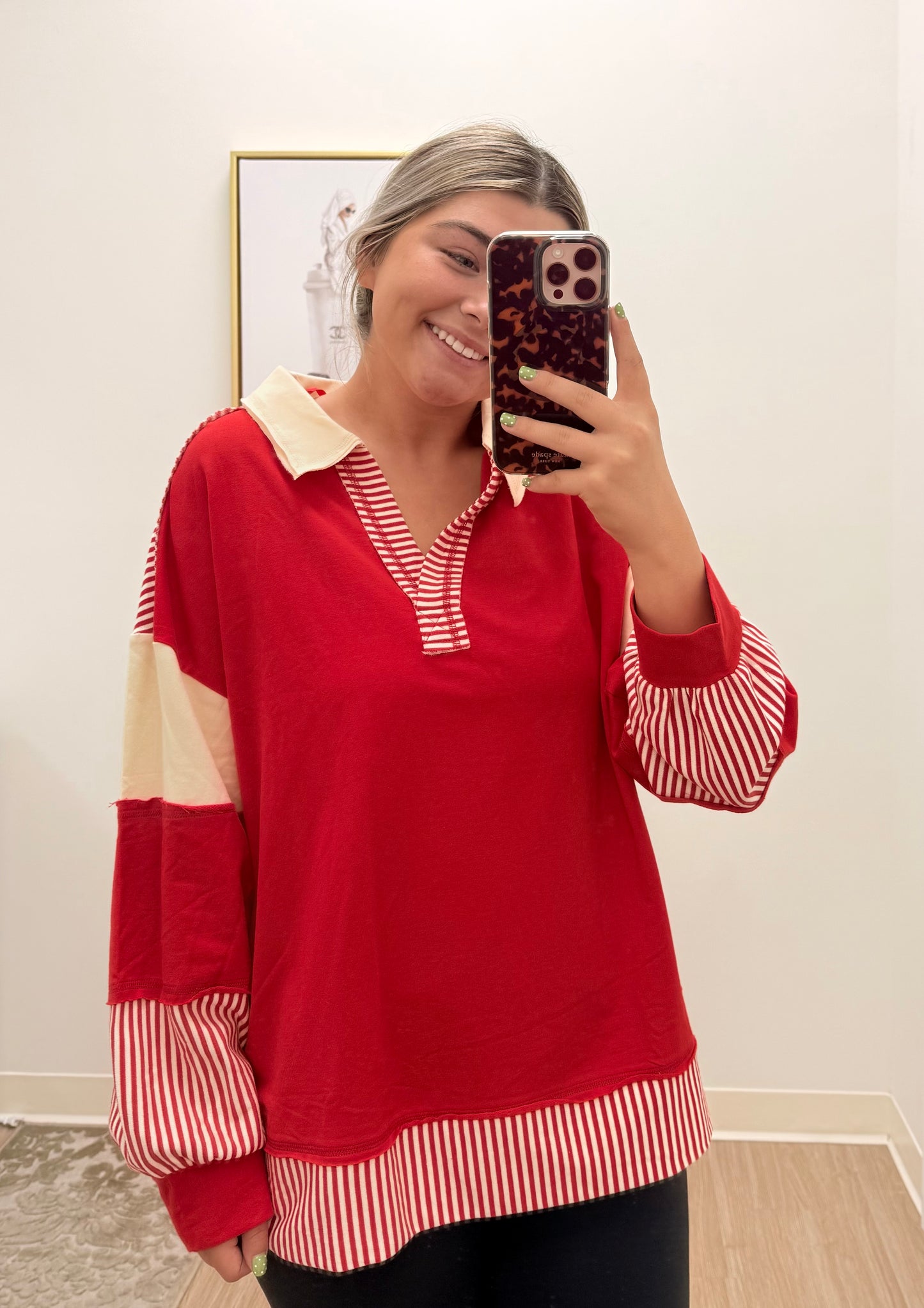 Red and Cream V-Neck Oversized Sweater