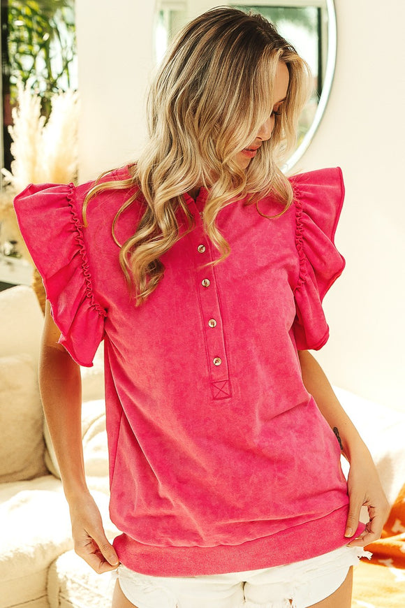 Mineral wash flutter sleeve fuchsia color