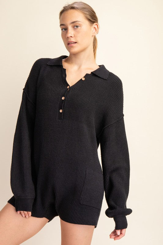 Black Long Sleeve Sweater Romper