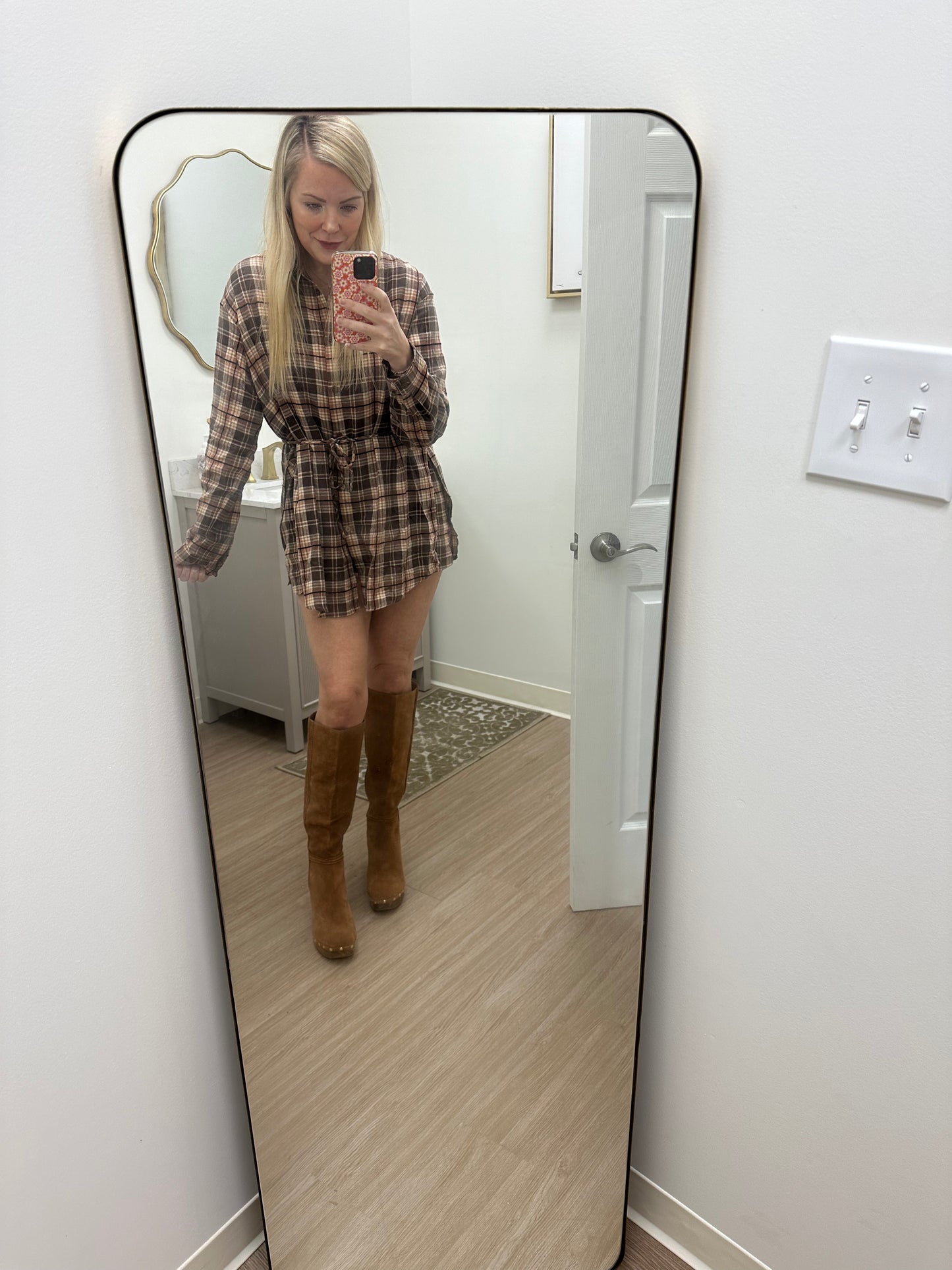 Brown and cream flannel romper