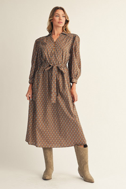 Mocha Waist Tie Midi Dress-Jodifl