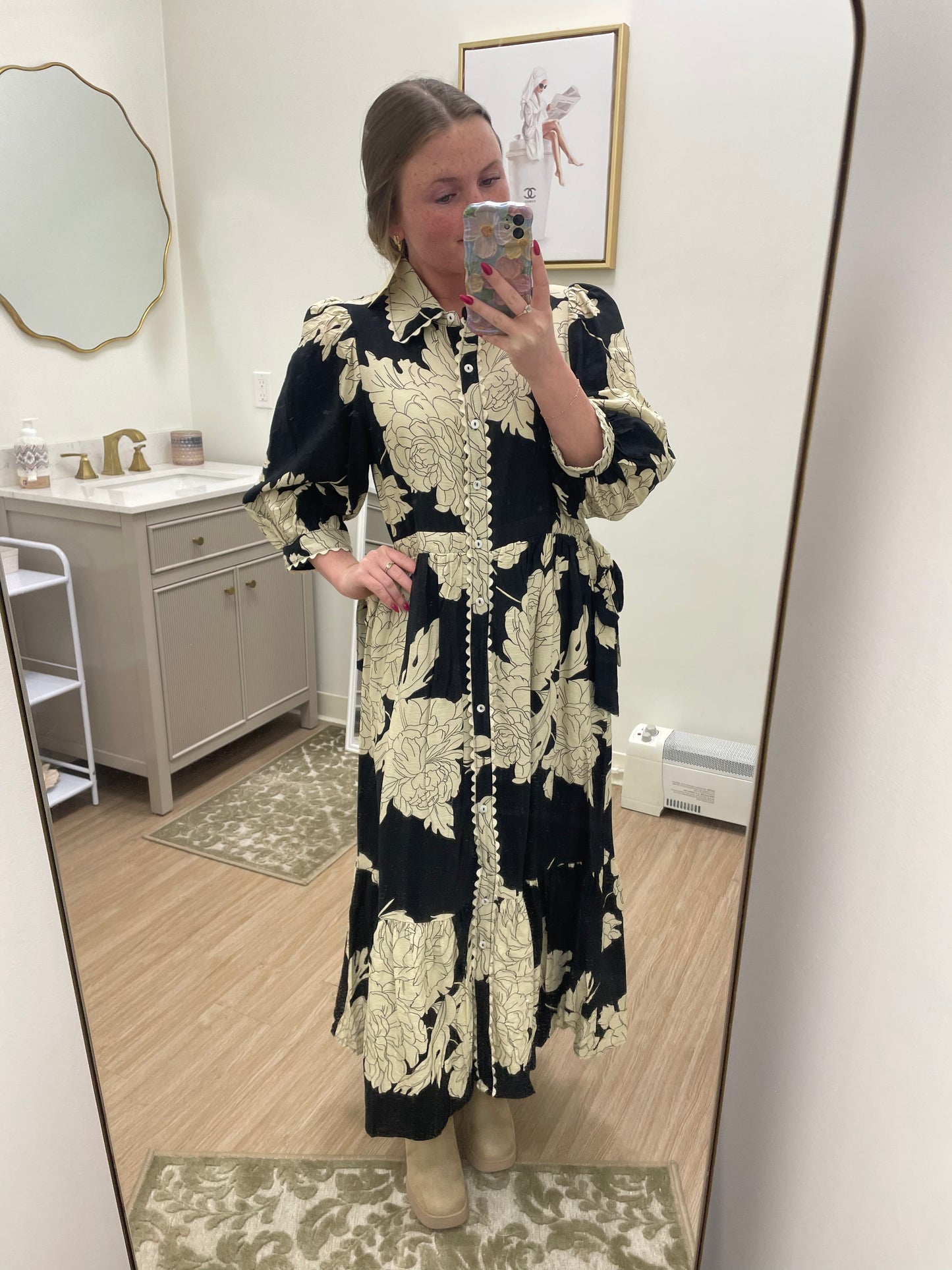 Black floral midi
