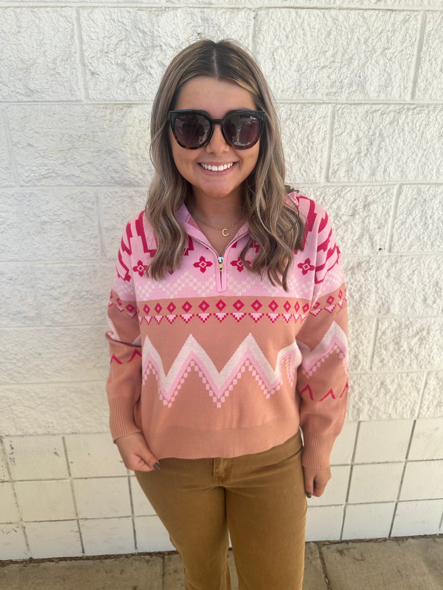 Pink Aztec Quarter Zip Pullover