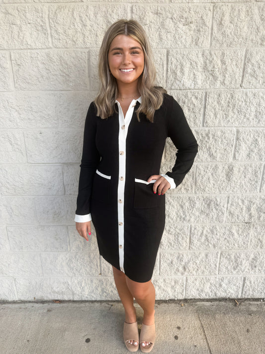 Black/Cream Button Down Knit Dress