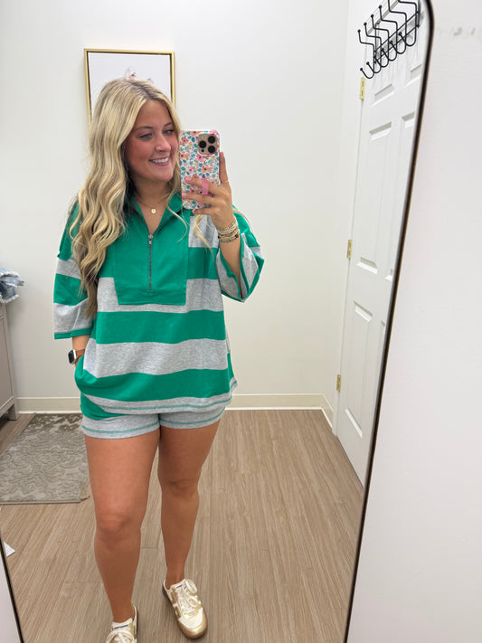Striped Green Half Zip Short Set