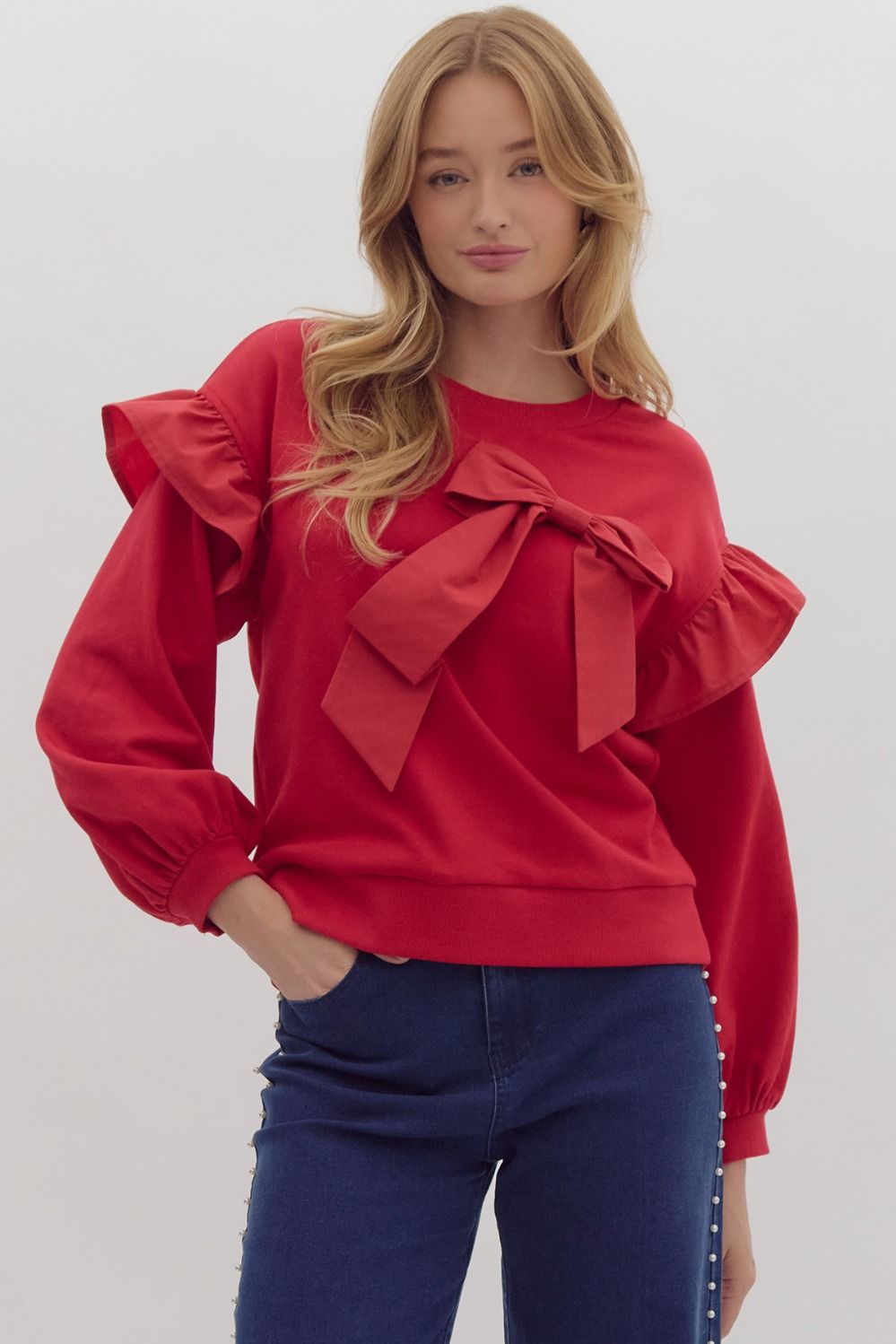 Red bow shirt with ruffles