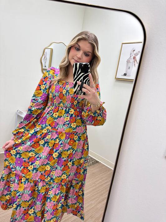 Floral Print Ruffle Long Sleeve Square Neck Maxi Dress