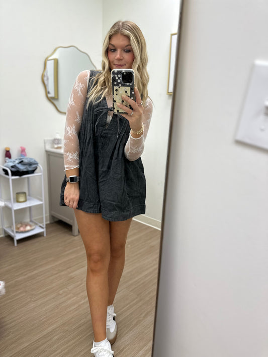 V-neck Puff Sleeve Denim Romper