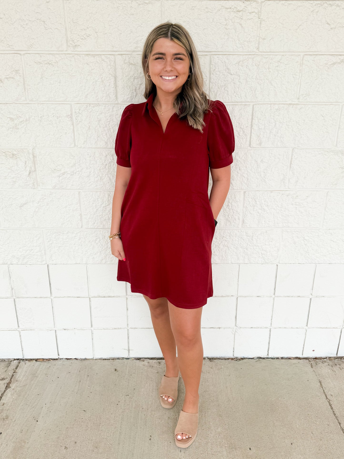 Burgundy Puff Sleeve Dress