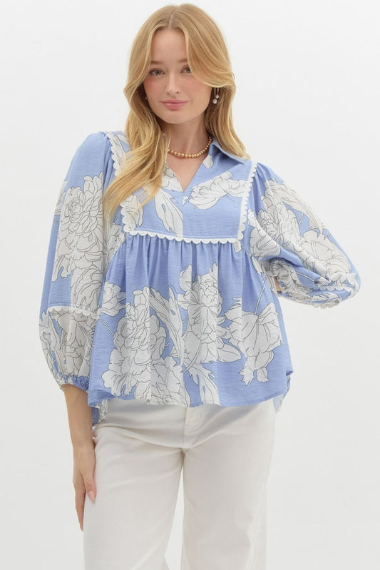 Blue ric rac printed top