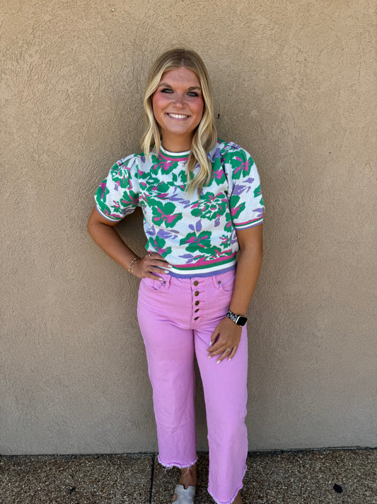 White and green multi puff sleeve sweater