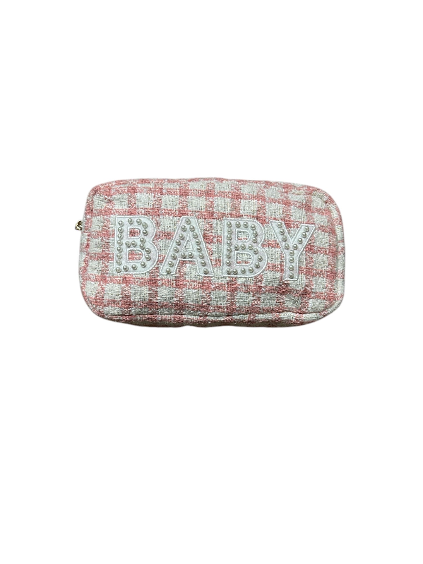 Pink and white checkered baby pouch