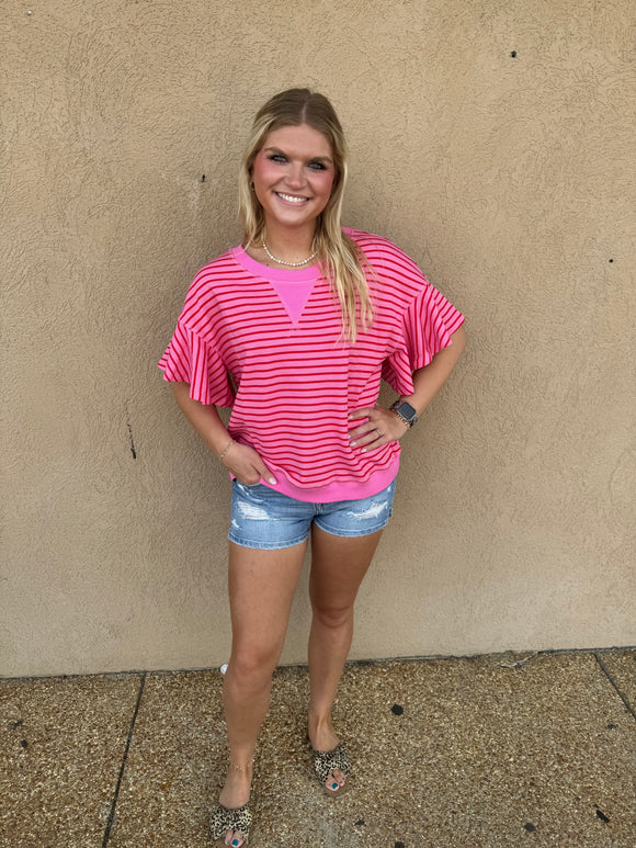 Red and pink stripe ruffle sleeve top