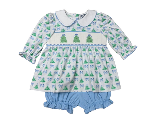 Christmas Tree Smocked Bloomer Set Three Sisters