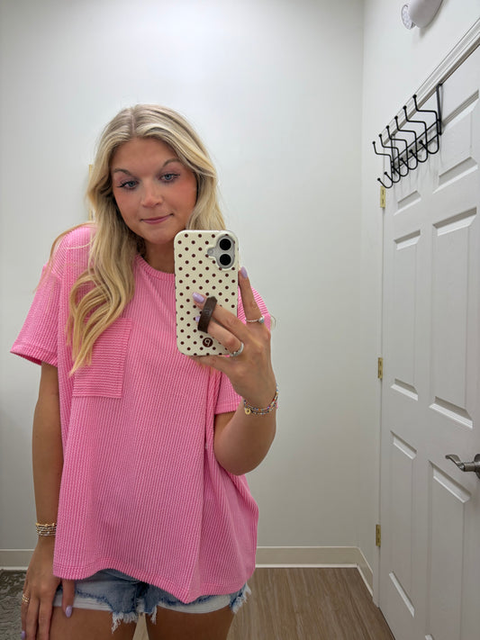 Ribbed Short Sleeve Top| Pink
