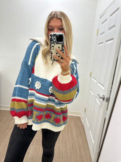 Sand/Red Multi Ethnic Color Block Sweater