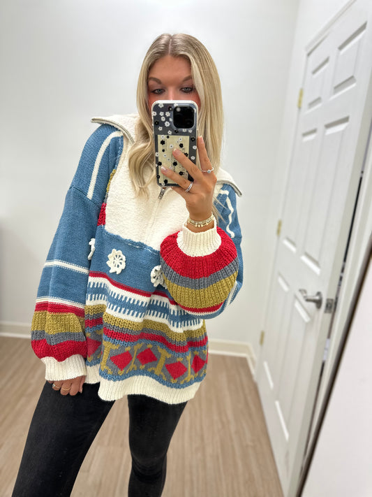 Sand/Red Multi Ethnic Color Block Sweater