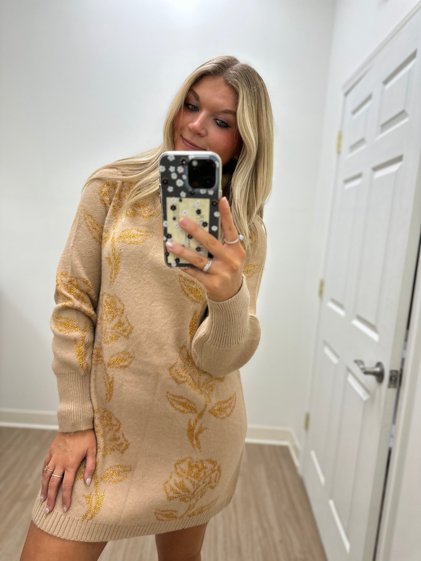 Taupe Flower Print Turtleneck Dress