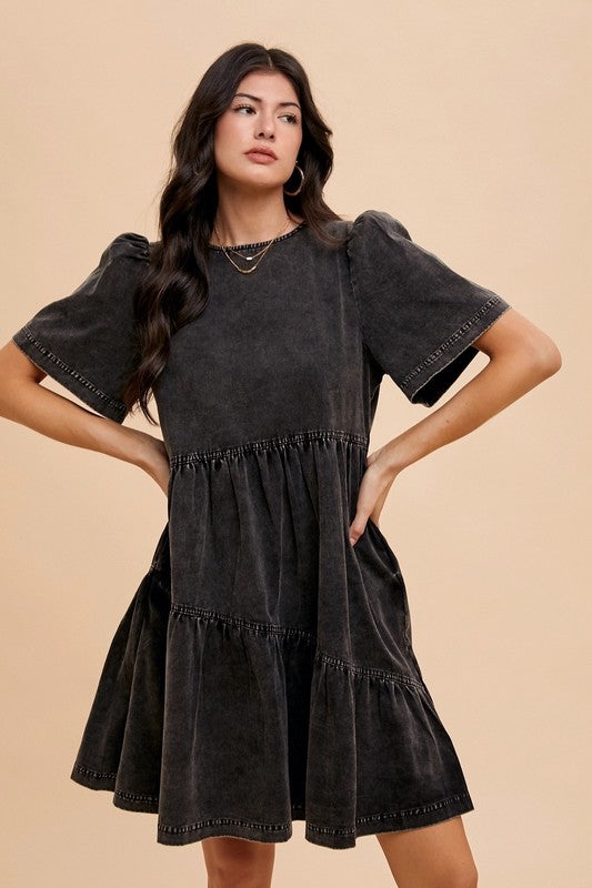 Mineral washed black denim flutter sleeve dress