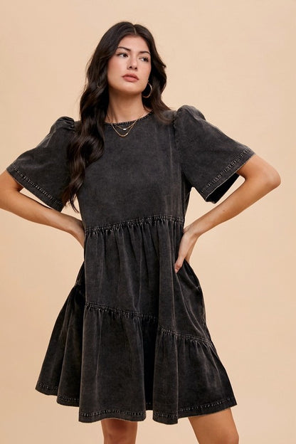 Mineral washed black denim flutter sleeve dress