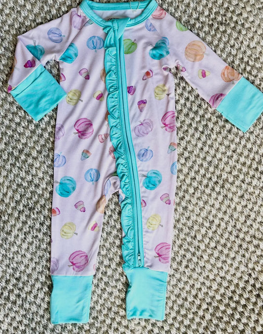 Pink Pumpkin Zipper Onesie w/ Ruffle- Sweet Bay Co.