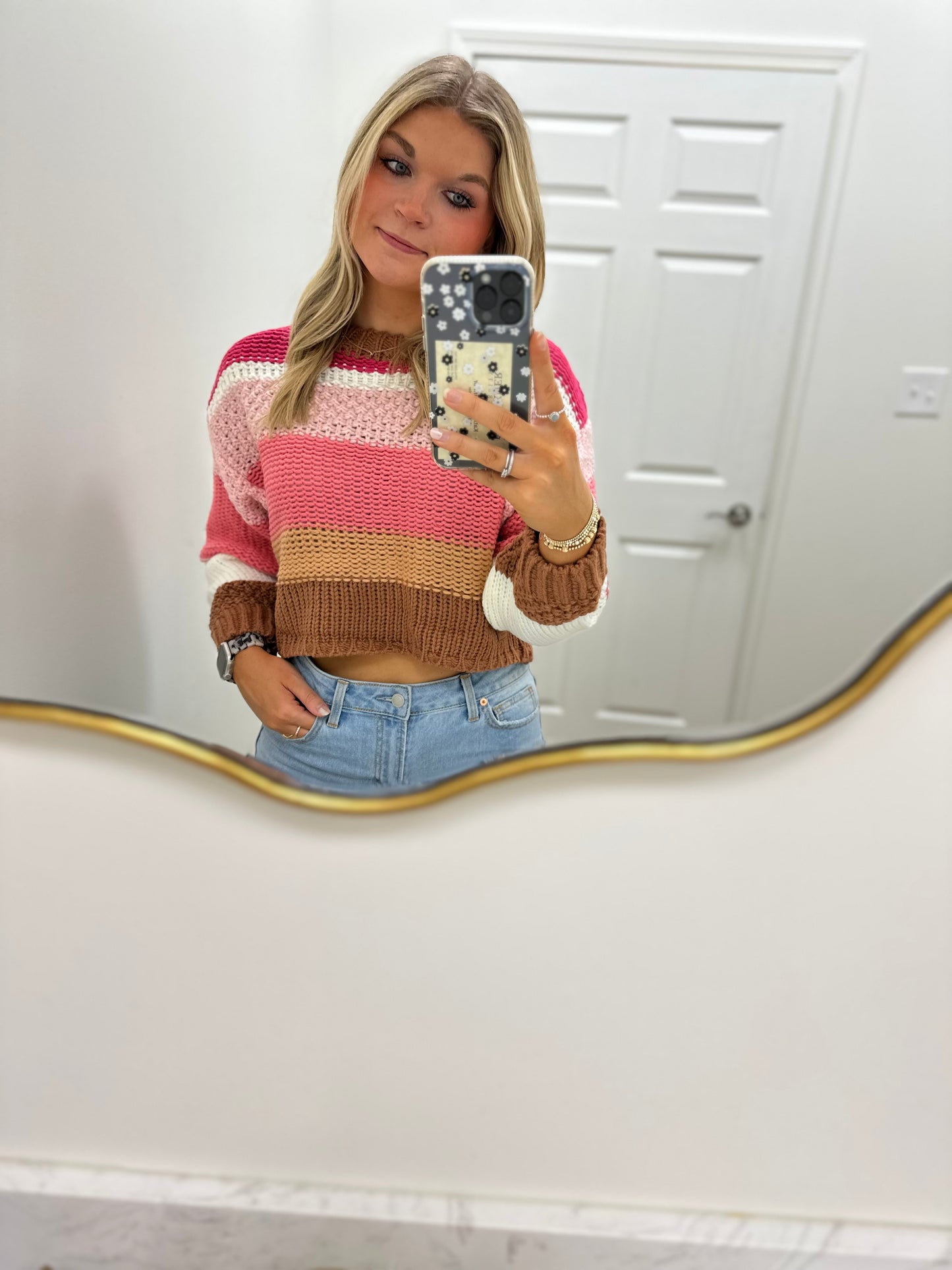 Berry and tan striped sweater