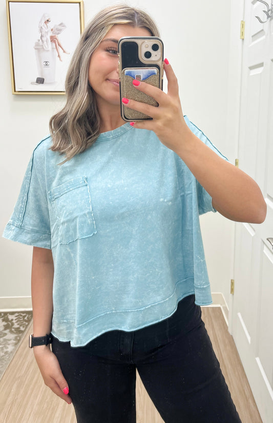 Acid-Wash Boxy Tee- Teal