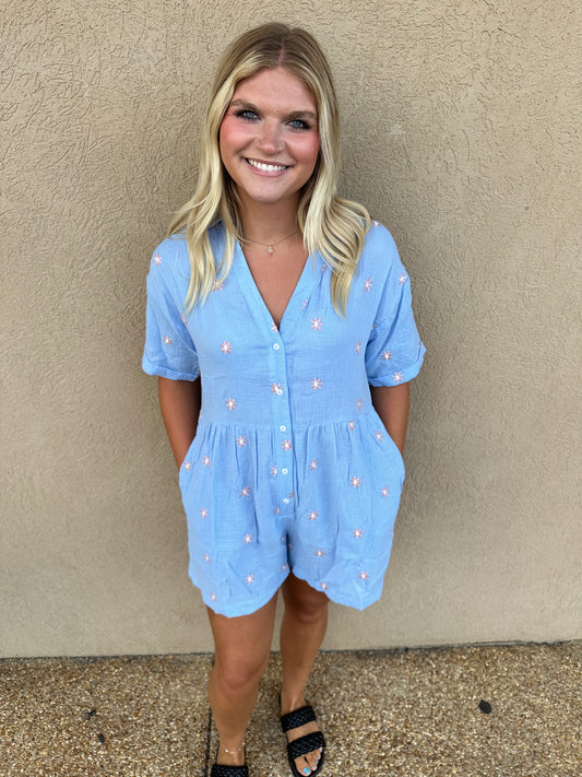 Flower power baby blue gauze romper