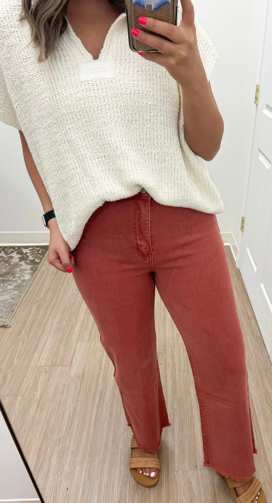 Acid Wash Cutoff Hem Straight Leg Jeans- Cabernet